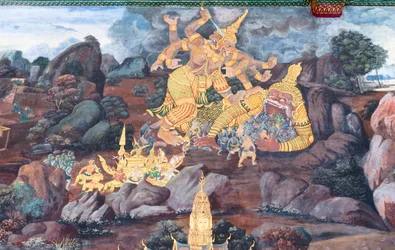 Murale che raffigura scene del Ramayana al Wat Phra Kaeo, il Palazzo Reale, Bangkok, Thailandia