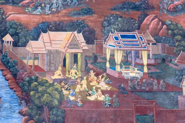 Murale che raffigura scene del Ramayana al Wat Phra Kaeo, il Palazzo Reale, Bangkok, Thailandia