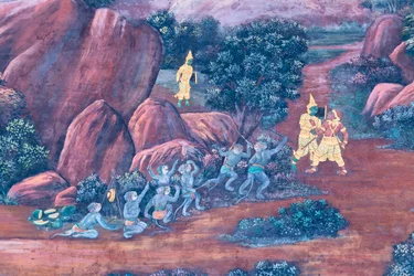 Murale che raffigura scene del Ramayana al Wat Phra Kaeo, il Palazzo Reale, Bangkok, Thailandia