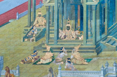 Murale che raffigura scene del Ramayana al Wat Phra Kaeo, il Palazzo Reale, Bangkok, Thailandia