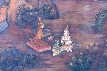 Murale che raffigura scene del Ramayana al Wat Phra Kaeo, il Palazzo Reale, Bangkok, Thailandia