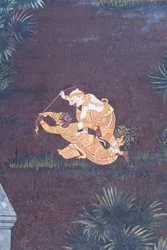 Murale che raffigura scene del Ramayana a Wat Phra Kaeo, il Palazzo Reale, Bangkok, Thailandia