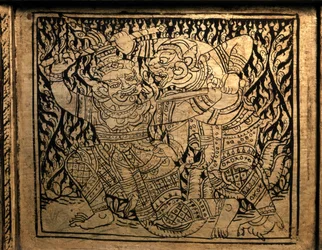 ARTE THAI: Un episodio del "Ramayana". Vetrina dei libri, stile Bangkok