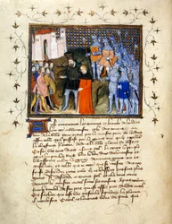 Re Riccardo II, condotto prigioniero da Enrico Bolingbroke a Londra, rinuncia al trono; bordo decorato con testo sotto.