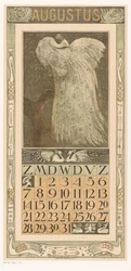 Foglio di calendario di agosto con pavone bianco; Calendario 1910, 12 litografie di Th. v. Hoytema (titolo della serie)