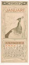 Foglio di calendario di gennaio con pavone - Calendario 1903, 12 litografie di Th. v. Hoytema (titolo della serie)