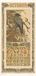 Pagina del calendario di ottobre con cornacchia variopinta (Kalender 1910 12 lithografien door Th. v. Hoytema)