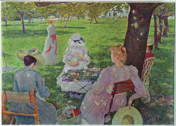Famiglia in giardino con alberi da frutto (dipinto su tela)