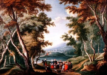 Paesaggio boschivo con venditori di frutta e altre figure