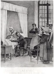 René Théophile Hyacinthe Laennec ascolta il petto di un uomo con la tubercolosi