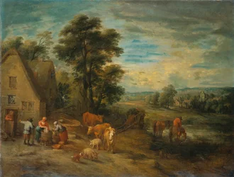 Paesaggio con contadini e bestiame vicino a un cottage