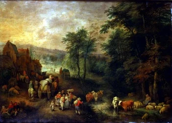 Paesaggio boscoso con contadini e carri