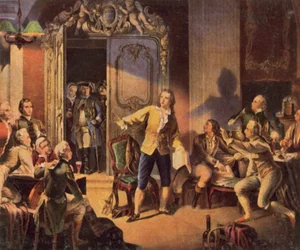 Schiller legge il suo primo dramma, "I ladri" (litografia a colori ingrandita)