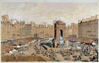 Veduta della Marche e della Fontana degli Innocenti a Parigi nel XIX secolo. Acquerello di Theodore Joseph Hubert Hoffbauer (1839-1922) XIX secolo Parigi, Musee Carnavalet