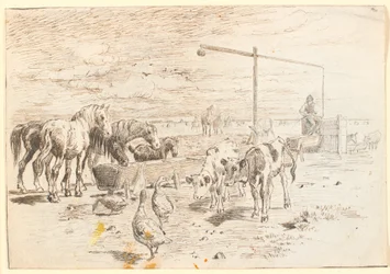 Cavalli, vitelli e oche presso la fontana olandese a Saltholm