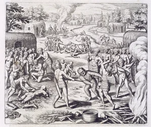 Battaglia tra tribù di Tuppini, da "Newe Welt und Americanische Historien" di Johann Ludwig Gottfried, pubblicato da Mattaeus Merian, Francoforte.