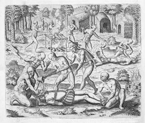 Massacro di missionari cristiani presso Cumana, Venezuela, da "Newe Welt und Americanische Historien" di Johann Ludwig Gottfried, pubblicato da Mattaeus Merian, Francoforte.