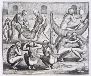 Il capo Tupinamba e la sua famiglia si ammalano mentre Hans Staden è tenuto prigioniero, da "Newe Welt und Americanische Historien" di Johann Ludwig Gottfried, pubblicato da Mattaeus Merian, Frankfurt