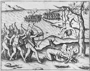 Donne amazzoniche attaccano uomini impiccati sugli alberi (xilografia)