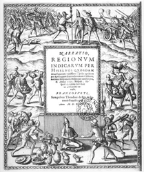 Bartolomeo de Las Casas (1474-1566) condanna il trattamento crudele degli indiani da parte dei conquistadores, da "Narratio Regionum Indicarrum per Hispanos" (incisione) (foto b/n)