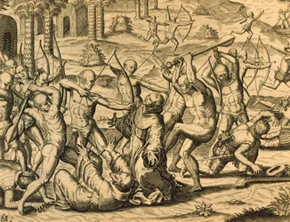 Martirio dei monaci missionari in Sud America, incisione da Historia americae, di Theodor de Bry (1528-1598), Francoforte