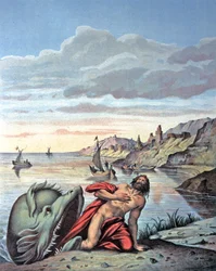 Giona esce dal ventre della balena, metà del XIX secolo (illustrazione)