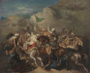 Battaglia di cavalieri arabi attorno a uno stendardo