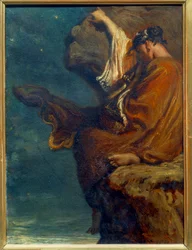 Saffo La poetessa greca Saffo seduta su una roccia e guarda il mare con malinconia