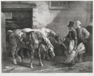 Due cavalli da posta davanti alla porta di una scuderia (Two Post-Horses at a Stable Door)