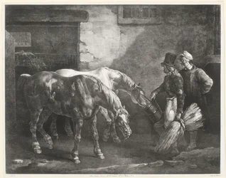 Due cavalli da posta davanti alla porta di una scuderia (Two Post-Horses at a Stable Door)