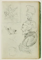 Studi di leone, studio di figura di gruppo compositivo, due studi di testa caricaturale