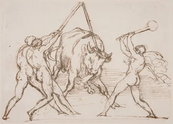 Tre uomini che provocano un toro
