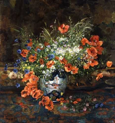 Papaveri, margherite, ranuncoli e altri fiori in un vaso giapponese Imari