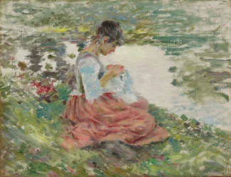 Ragazza che cuce vicino al fiume, c.1891