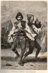 Musicisti morlacchi o montenegrini del distretto di Zara, con il costume locale: camicia di tela bianca e sopra un panciotto ricamato, cintura borchiata di rame e argento, pantaloni che ricadono sulla scarpa di cuoio, mentre suonano una sorta di cornamusa