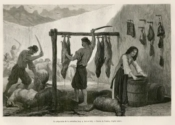 La preparazione della castradina, specialità di carne di pecora e capra salata e affumicata, verso la fine di ottobre, in Dalmazia (Istria e Erzegovina (Croazia)), disegno di Valerio, per illustrare il viaggio in Montenegro, nel 1874, di Charles Yriarte.
