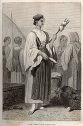 Donna di Sebenico (Serbia), che usa fusi per filare la lana, nella piazza del mercato. Incisione dopo il disegno di Theodore Valerio, per illustrare una storia sulla Dalmazia, di Charles Yriarte, nel 1874, pubblicato in 