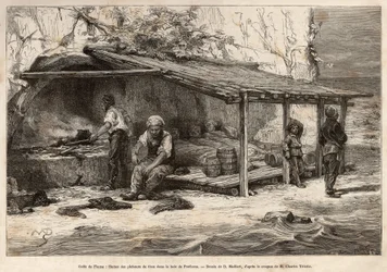 Un rifugio per la pesca del tonno nella baia di Proelucca, Golfo di Fiume (o Rijeka, Istria), tre pescatori stanno ancora dormendo, avvolti in coperte, un altro si equipaggerà e sostituirà la vedetta, un altro preparerà la cucina e il muschio vaga ai piedi