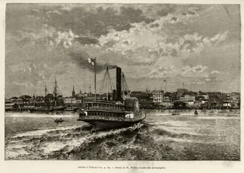 Arrivo a Victoria, Canada. Incisione di Th.Weber, per illustrare la storia 