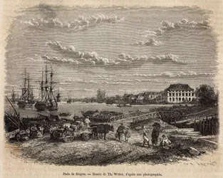 La rada di Saigon, incisione da un disegno di T. Weber, illustrando il viaggio in Cocincina, del Dottor Morice, nel 1872, pubblicato in 