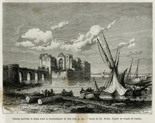 Il castello marittimo di Sidone prima del bombardamento del 1840. Incisione di Th. Weber, per illustrare il racconto La Siria di oggi, di M. Lortet, decano della Facoltà di Medicina di Lione, incaricato di una missione scientifica dal Ministero dell