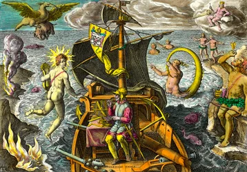 Allegoria sui viaggi del navigatore Ferdinando Magellano, raffigurato sulla sua nave con una sfera armillare e circondato da personaggi mitologici e animali fantastici. Incisione da “Admirante Narratio Americae” di Theodore de Bry