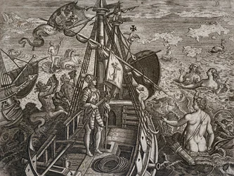 Allegoria del viaggio di Cristoforo Colombo alla scoperta del Nuovo Mondo, incisione di Theodor de Bry (1528-1598)
