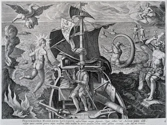 Allegoria sui viaggi di Ferdinando Magellano (1480-1521), di Theodor de Bry (1528-1598)