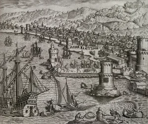 Arrivo di Girolamo Benzoni nel porto di Las Palmas durante il suo viaggio nelle Americhe, incisione di Theodor de Bry