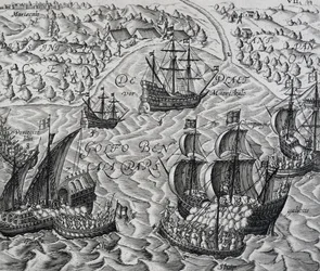 Battaglia davanti alla città di Matical nella Baia del Bengala, incisione da Indiae Orientalis, di Theodor de Bry