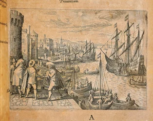 Caravelle in partenza per il Nuovo Mondo, Spagna, incisione di Theodor de Bry (1528-1598)