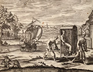 Sedan cinese, India orientale, incisione da opera di Theodor de Bry (1528-1598), Cina