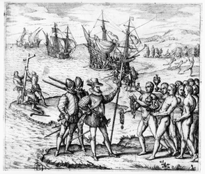 Cristoforo Colombo (1451-1506) riceve doni dal cacicco Guacanagari a Hispaniola (Haiti), da «Americae Tertia Pars IV», 1594