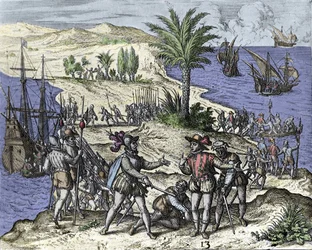 Cristoforo Colombo e suo fratello furono arrestati da Francisco de Bobadilla nel 1500. Incisione di Théodore de Bry (1528-1598)
